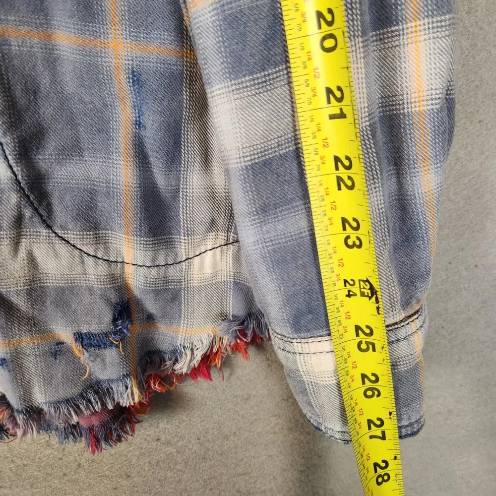 Free People Deconstructed Shirt Jacket Small Blue Plaid Studded Distressed